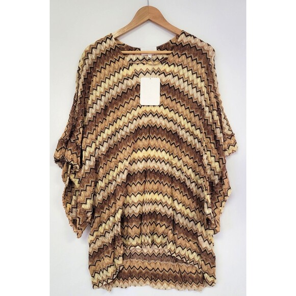 Alexis Womens Gold Brown Zig Zag Cleo Zaggy Tan Short Sleeve Poncho Size M/L NWT - Picture 1 of 5